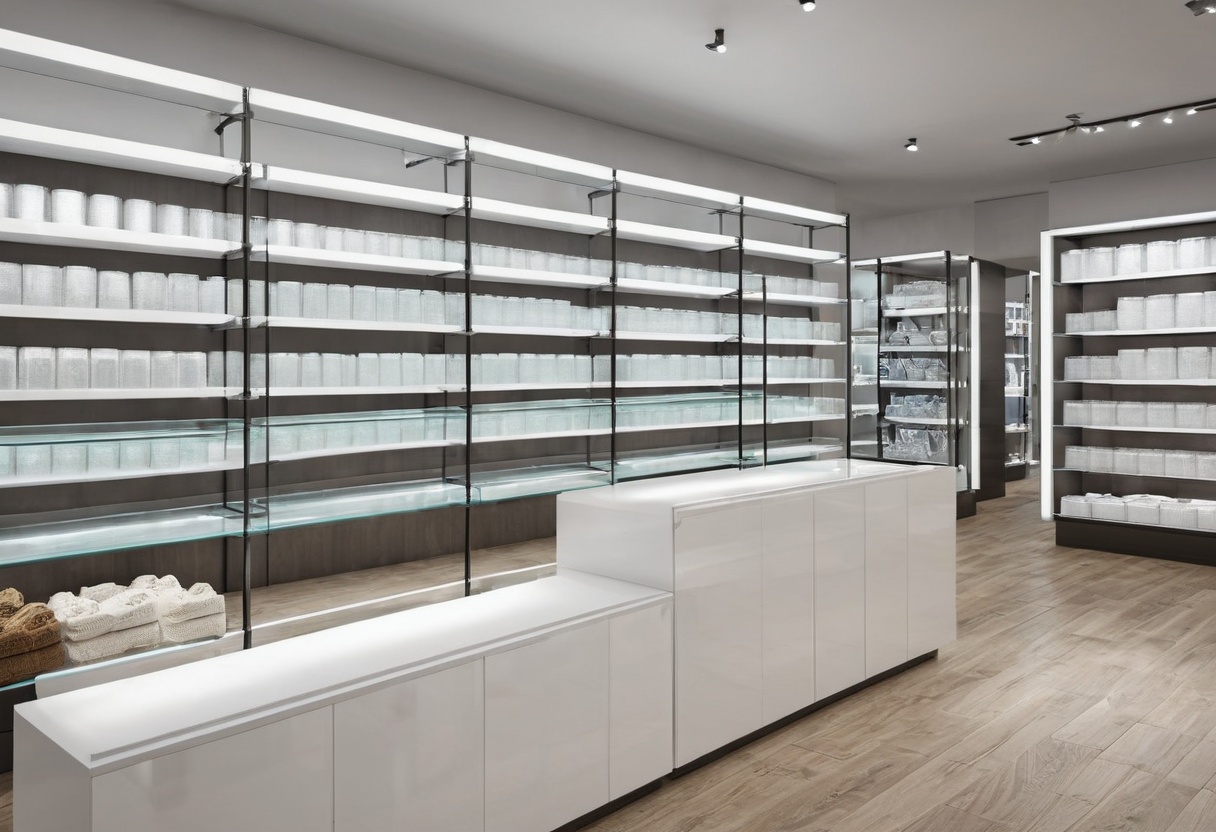 Modern retail interior with display shelves and glass counters